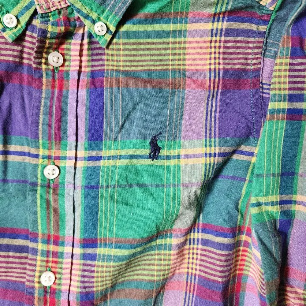Ralph Lauren Green Plaid Button Down Long Sleeve Polo Shirt Youth Size 6‎ Cotton